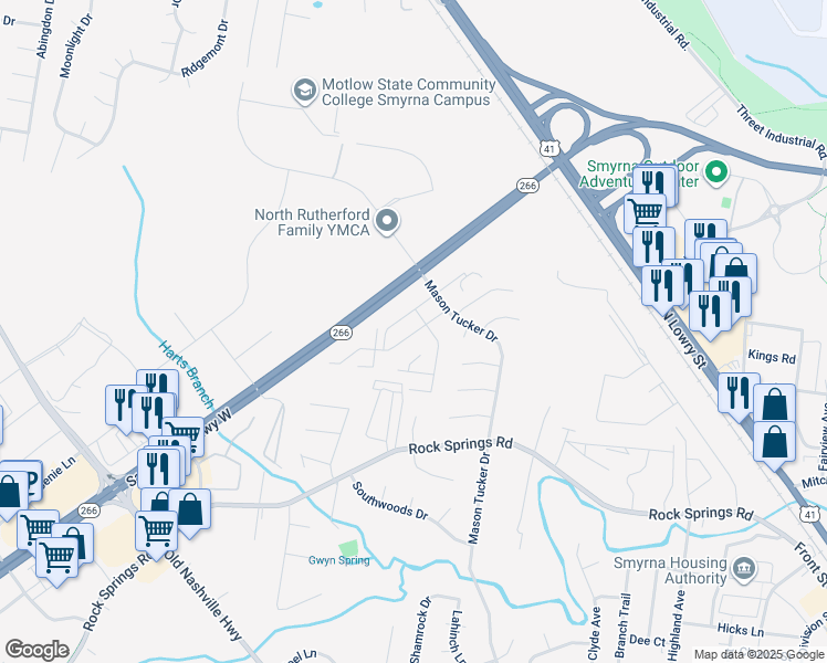 map of restaurants, bars, coffee shops, grocery stores, and more near 1001 Mason Tucker Drive in Smyrna