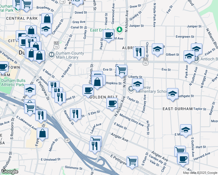 map of restaurants, bars, coffee shops, grocery stores, and more near 1003 Taylor Street in Durham