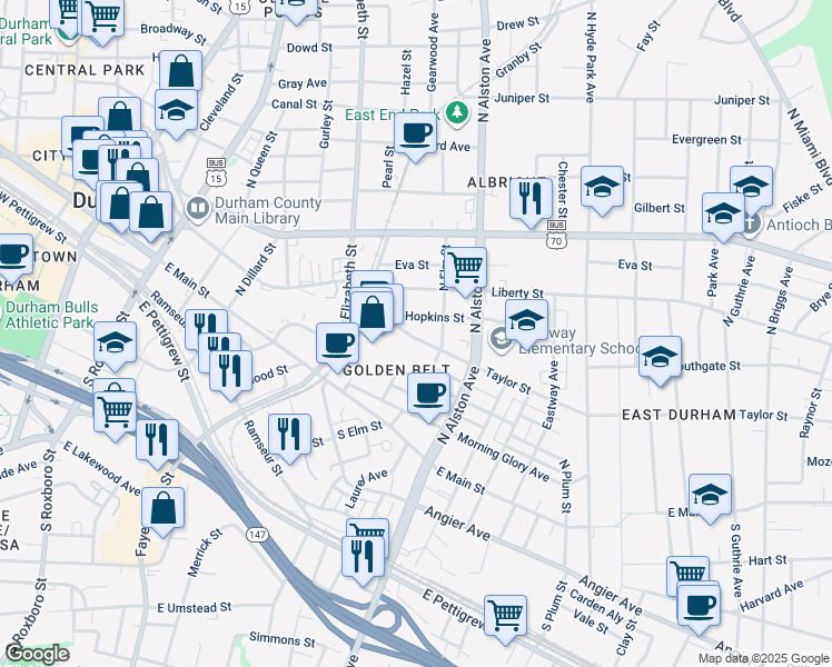 map of restaurants, bars, coffee shops, grocery stores, and more near 1003 Taylor Street in Durham