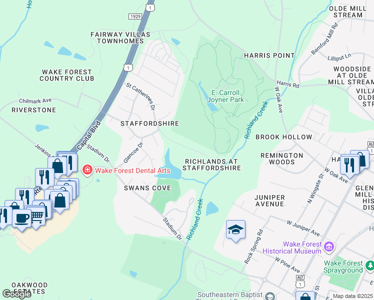 map of restaurants, bars, coffee shops, grocery stores, and more near 717 Saint Catherines Drive in Wake Forest