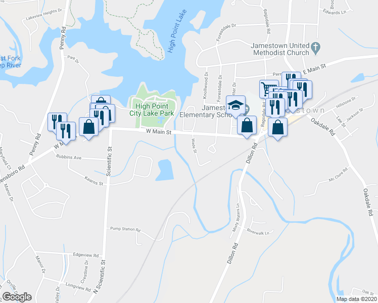 map of restaurants, bars, coffee shops, grocery stores, and more near 601 West Main Street in Jamestown
