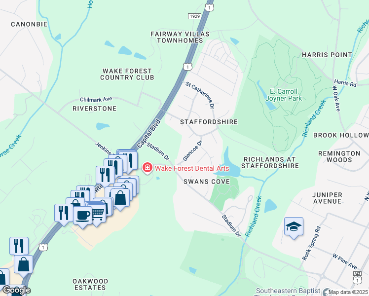 map of restaurants, bars, coffee shops, grocery stores, and more near 315 Glencoe Drive in Wake Forest