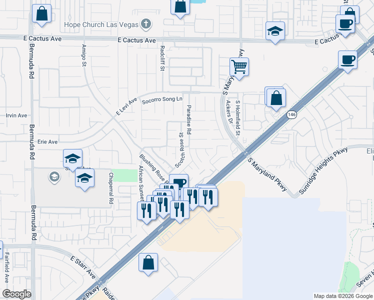 map of restaurants, bars, coffee shops, grocery stores, and more near 10923 Paradise Road in Henderson