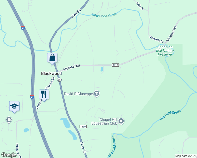 map of restaurants, bars, coffee shops, grocery stores, and more near 124 Wild Primrose Lane in Chapel Hill