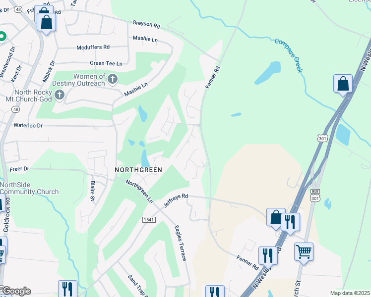 map of restaurants, bars, coffee shops, grocery stores, and more near 1308 Fairway Terrace in Rocky Mount