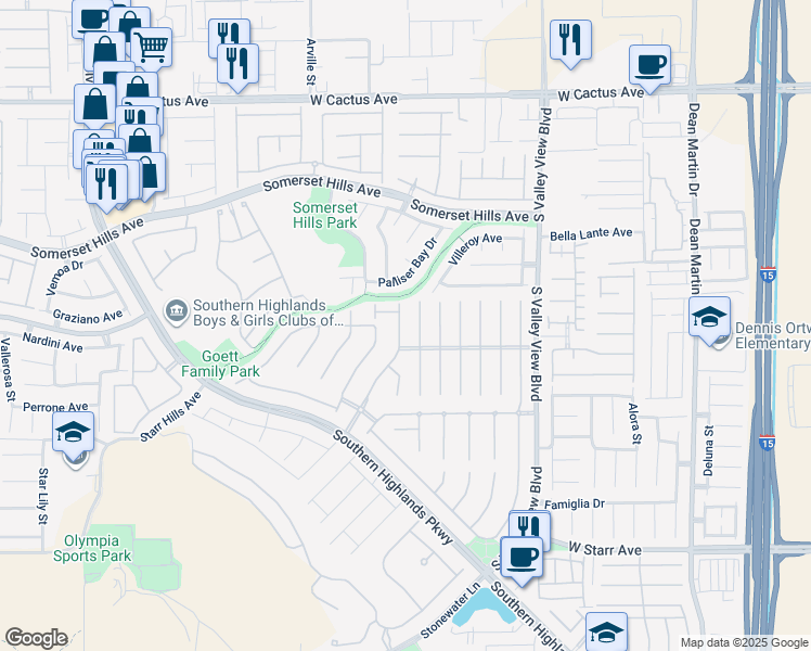 map of restaurants, bars, coffee shops, grocery stores, and more near 10892 Royal Highlands Street in Las Vegas