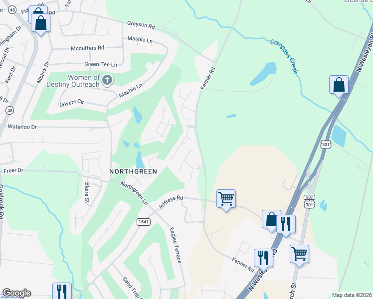 map of restaurants, bars, coffee shops, grocery stores, and more near 117 Teal Court in Rocky Mount