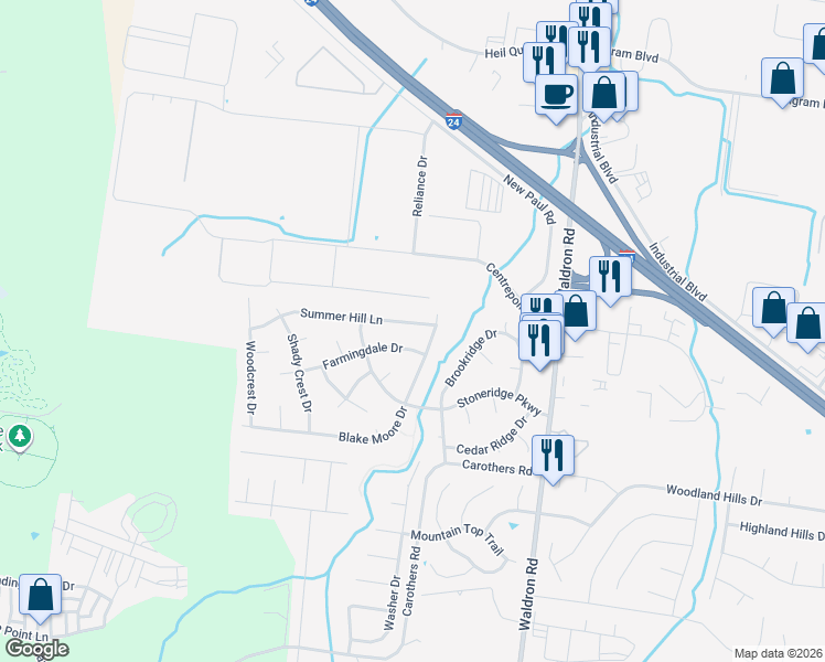 map of restaurants, bars, coffee shops, grocery stores, and more near 578 Blake Moore Drive in La Vergne
