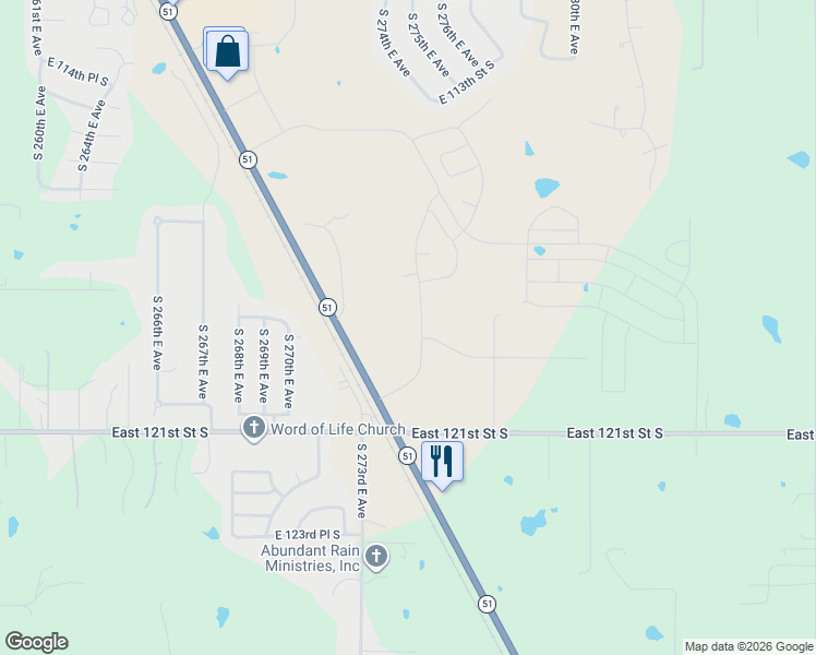 map of restaurants, bars, coffee shops, grocery stores, and more near 27548 East 119th Street South in Coweta