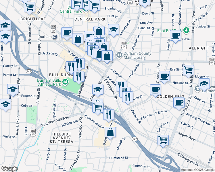 map of restaurants, bars, coffee shops, grocery stores, and more near 382 East Pettigrew Street in Durham