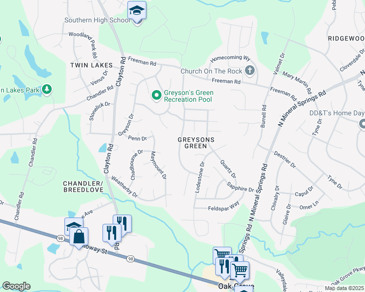 map of restaurants, bars, coffee shops, grocery stores, and more near 724 Obsidian Way in Durham