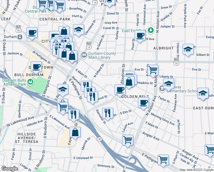 map of restaurants, bars, coffee shops, grocery stores, and more near 143 Commerce Street in Durham