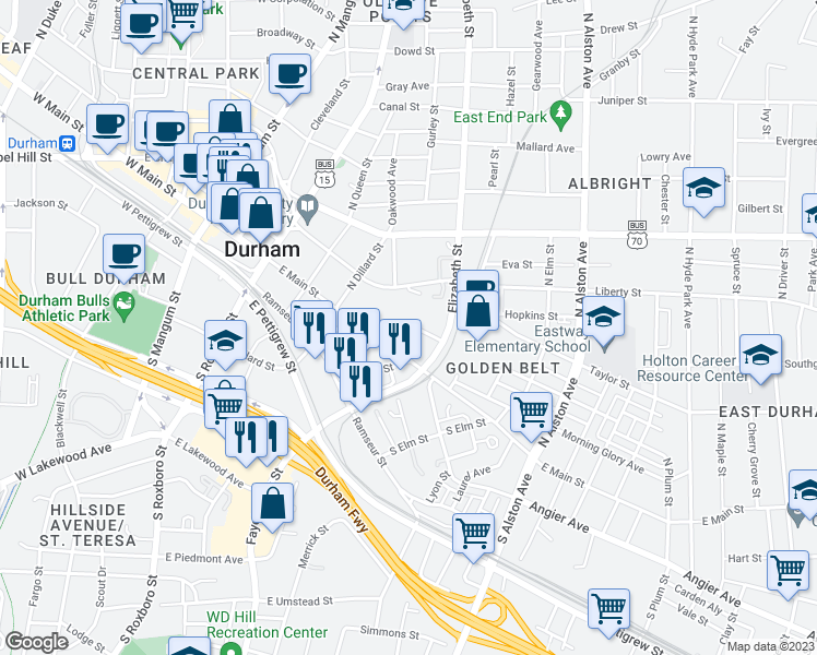 map of restaurants, bars, coffee shops, grocery stores, and more near 131 Commerce Street in Durham