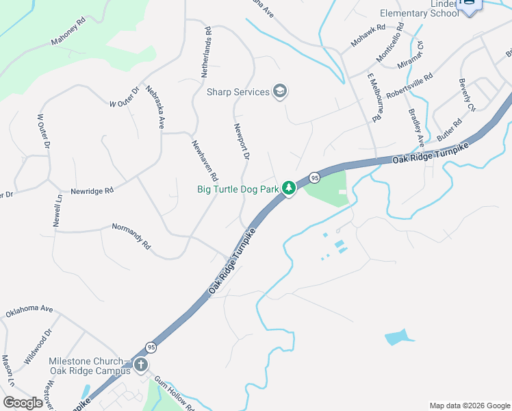 map of restaurants, bars, coffee shops, grocery stores, and more near 106 Newport Drive in Oak Ridge