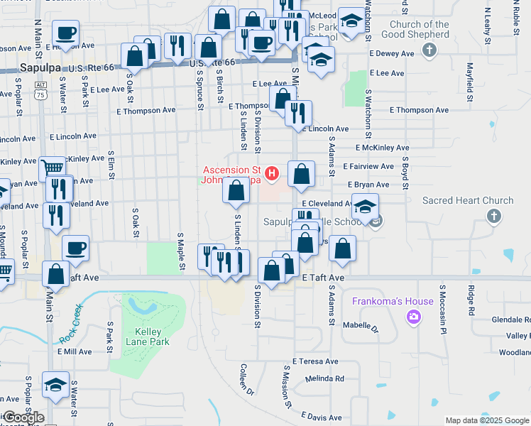 map of restaurants, bars, coffee shops, grocery stores, and more near 619 South Division Street in Sapulpa