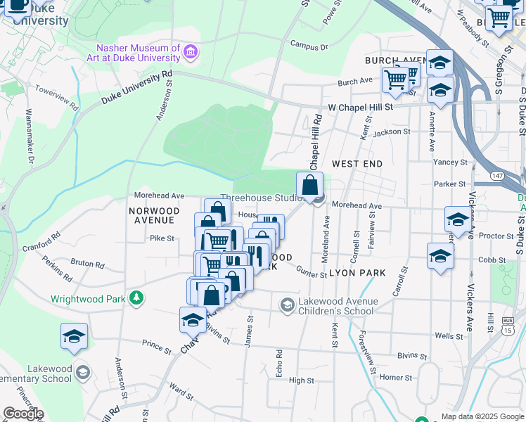 map of restaurants, bars, coffee shops, grocery stores, and more near 1720 Chapel Hill Road in Durham
