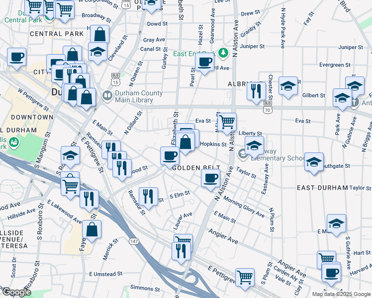 map of restaurants, bars, coffee shops, grocery stores, and more near 800 Taylor Street in Durham