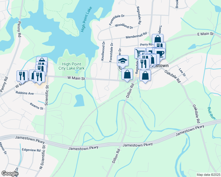 map of restaurants, bars, coffee shops, grocery stores, and more near 100 Lennox Drive in Jamestown
