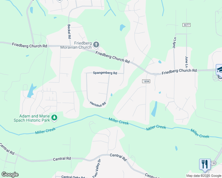 map of restaurants, bars, coffee shops, grocery stores, and more near 5930 Herinhut Road in Winston-Salem