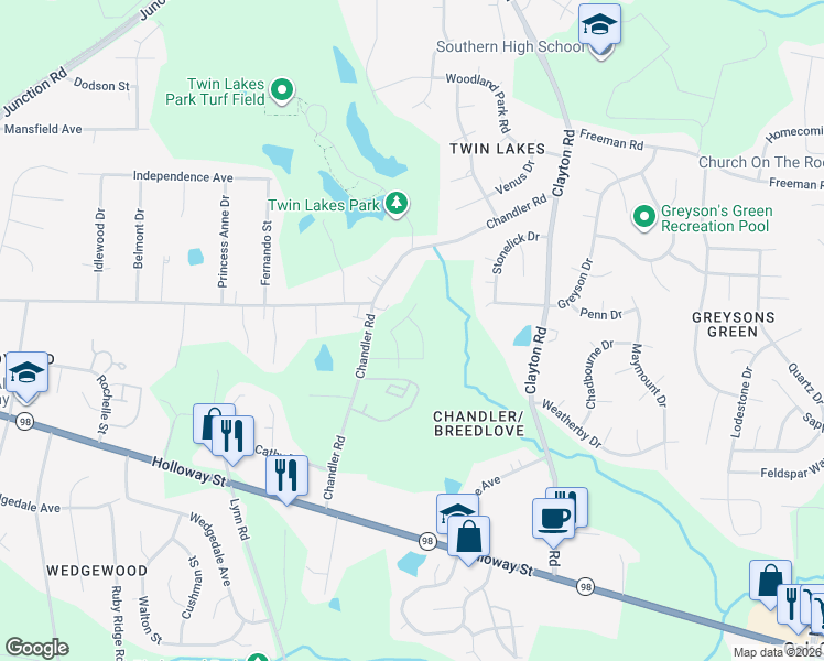map of restaurants, bars, coffee shops, grocery stores, and more near 6 Broadstone Court in Durham