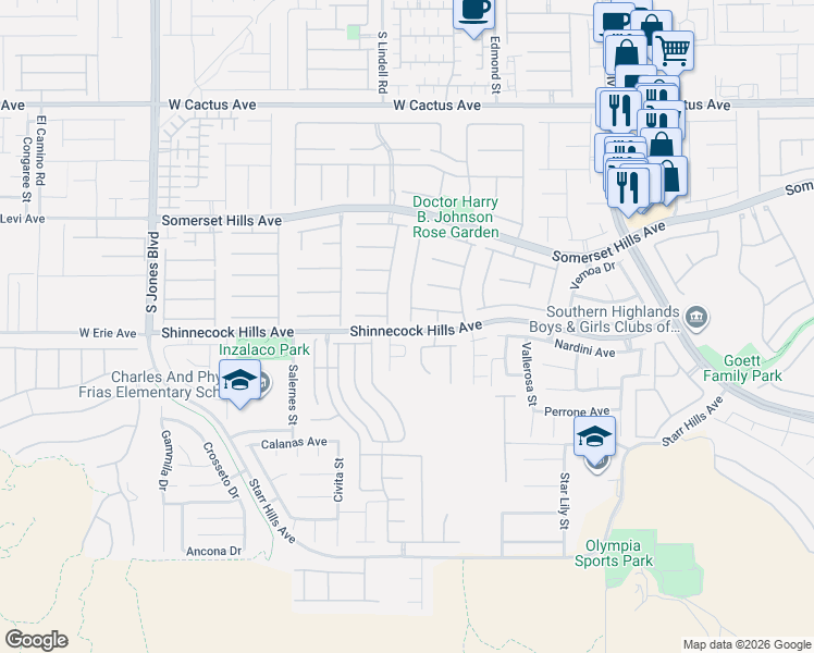 map of restaurants, bars, coffee shops, grocery stores, and more near 5392 Donora Avenue in Las Vegas