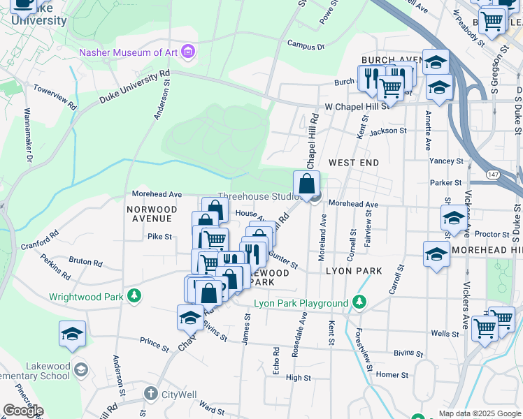 map of restaurants, bars, coffee shops, grocery stores, and more near 1720 Chapel Hill Road in Durham