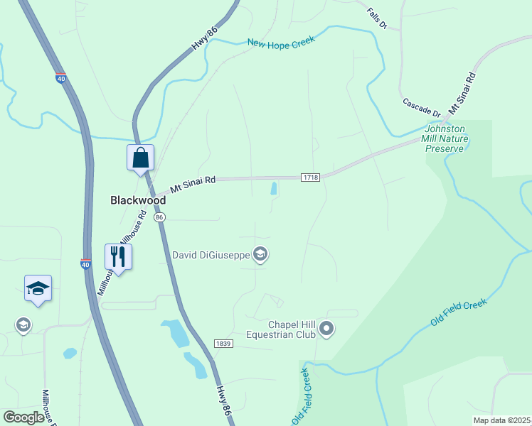 map of restaurants, bars, coffee shops, grocery stores, and more near 124 Wild Primrose Lane in Chapel Hill