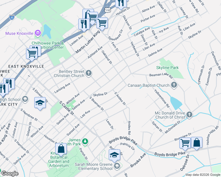 map of restaurants, bars, coffee shops, grocery stores, and more near 3415 Skyline Drive in Knoxville
