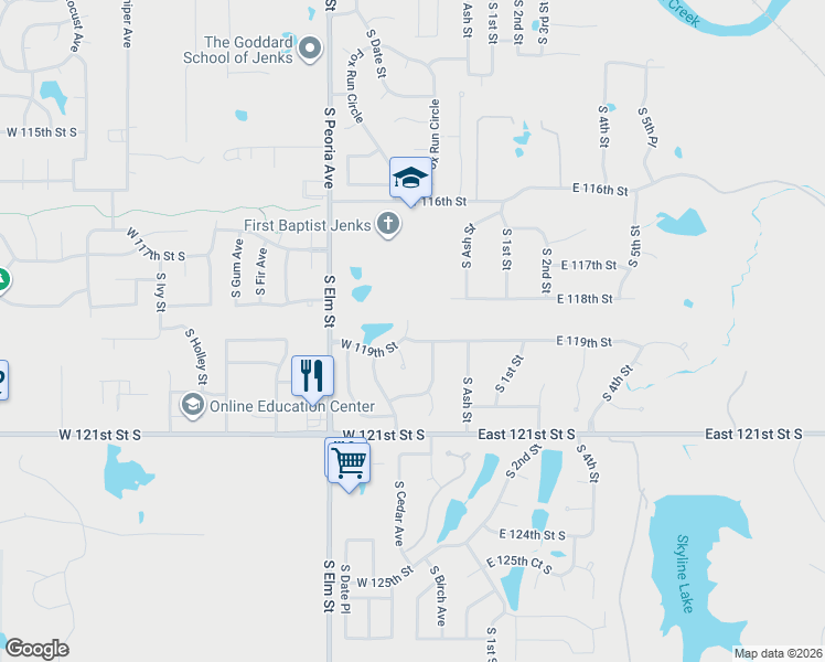 map of restaurants, bars, coffee shops, grocery stores, and more near 11905 South Cedar Court in Jenks