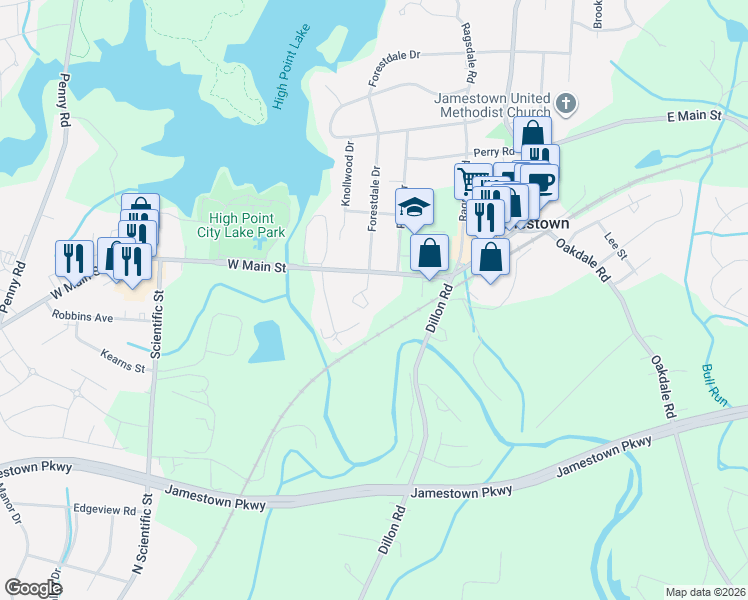 map of restaurants, bars, coffee shops, grocery stores, and more near 100 Lennox Drive in Jamestown