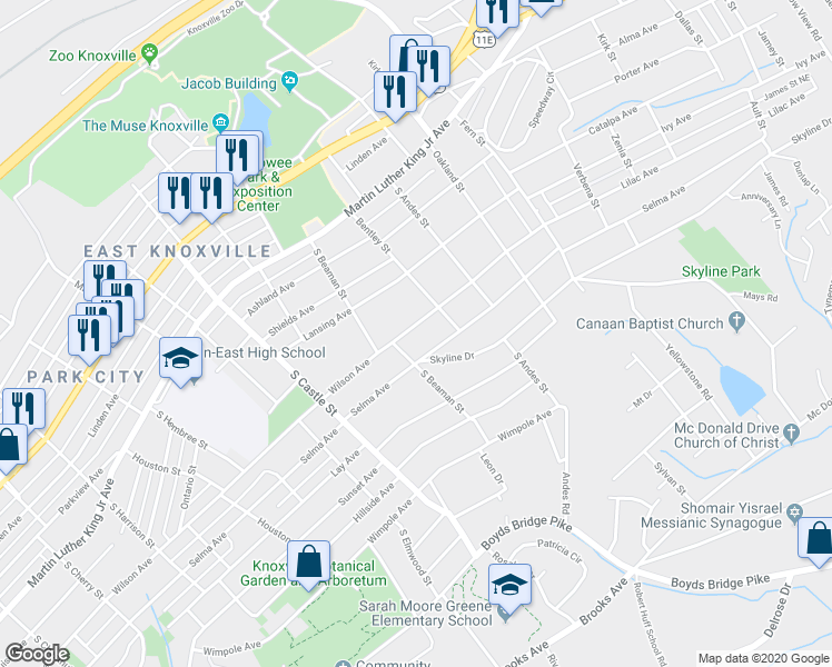 map of restaurants, bars, coffee shops, grocery stores, and more near 3318 Wilson Avenue in Knoxville