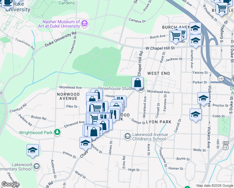 map of restaurants, bars, coffee shops, grocery stores, and more near 1814 House Avenue in Durham
