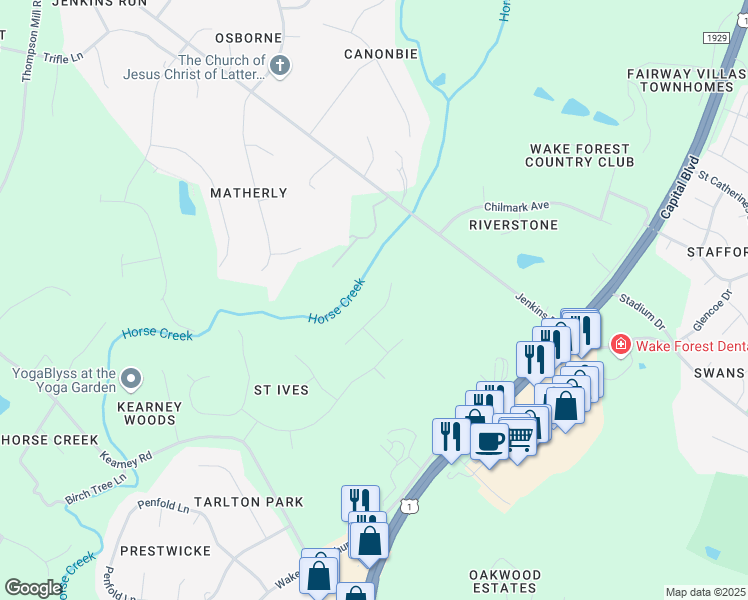 map of restaurants, bars, coffee shops, grocery stores, and more near 242 Bishop Falls Road in Wake Forest