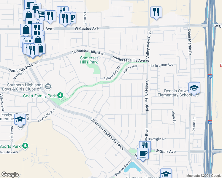 map of restaurants, bars, coffee shops, grocery stores, and more near 10884 Royal Highlands Street in Las Vegas