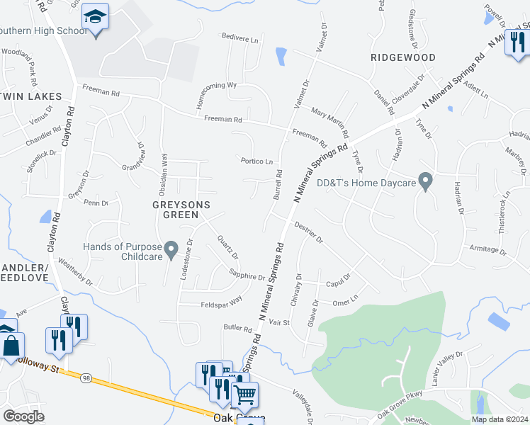 map of restaurants, bars, coffee shops, grocery stores, and more near 313 Burrell Road in Durham