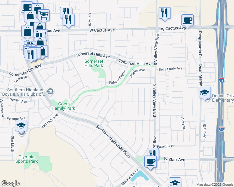 map of restaurants, bars, coffee shops, grocery stores, and more near 10884 Royal Highlands Street in Las Vegas