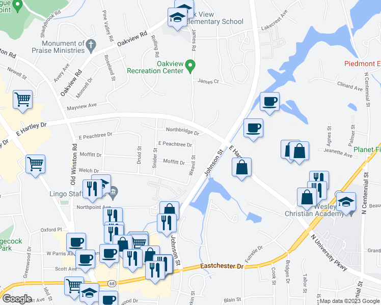 map of restaurants, bars, coffee shops, grocery stores, and more near 311 Weavil Street in High Point