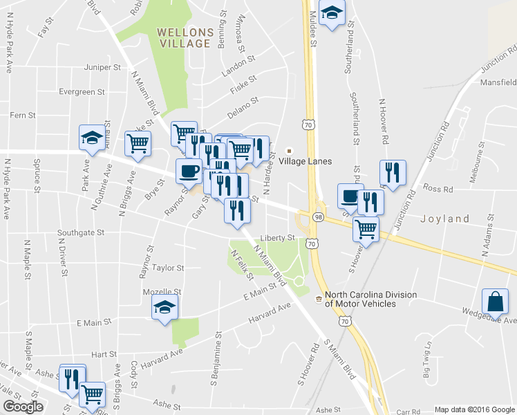 map of restaurants, bars, coffee shops, grocery stores, and more near 1938 Holloway Street in Durham
