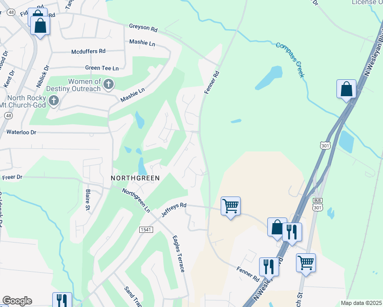 map of restaurants, bars, coffee shops, grocery stores, and more near 228 Pintail Lane in Rocky Mount