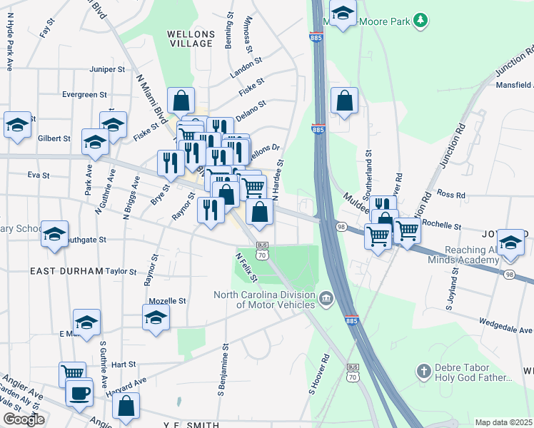 map of restaurants, bars, coffee shops, grocery stores, and more near 1938 Holloway Street in Durham