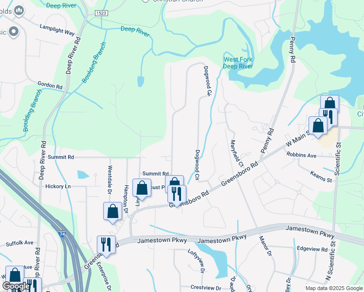 map of restaurants, bars, coffee shops, grocery stores, and more near 326 Dogwood Circle in High Point