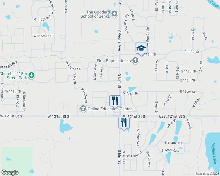 map of restaurants, bars, coffee shops, grocery stores, and more near 11909 South Forest Place in Jenks