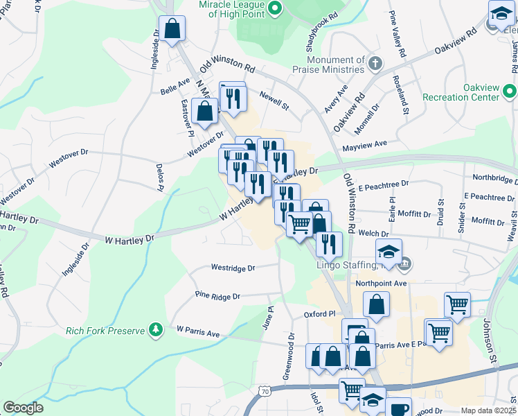 map of restaurants, bars, coffee shops, grocery stores, and more near 2645 North Main Street in High Point