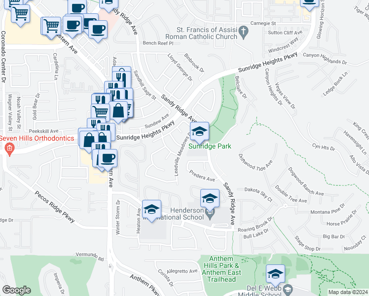 map of restaurants, bars, coffee shops, grocery stores, and more near 975 Leadville Meadows Drive in Henderson