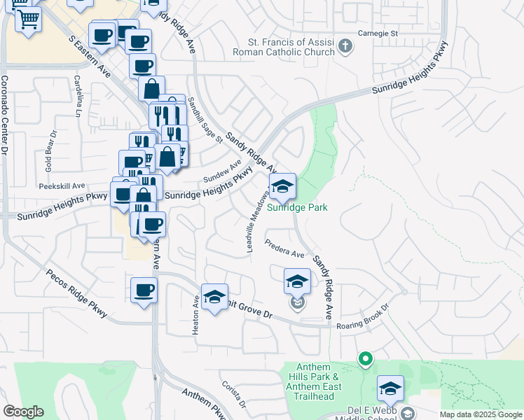 map of restaurants, bars, coffee shops, grocery stores, and more near 975 Leadville Meadows Drive in Henderson