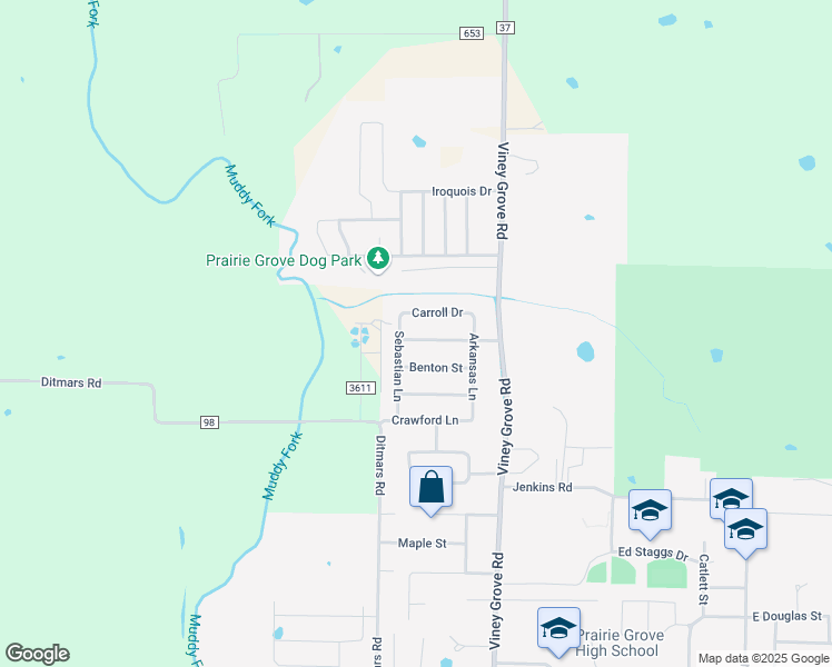 map of restaurants, bars, coffee shops, grocery stores, and more near 840 Washington Road in Prairie Grove