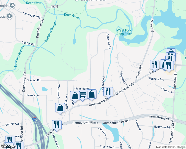 map of restaurants, bars, coffee shops, grocery stores, and more near 326 Dogwood Circle in High Point