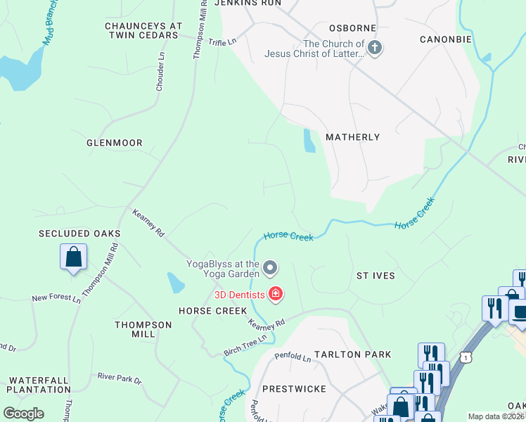 map of restaurants, bars, coffee shops, grocery stores, and more near 2648 Buckeye Court in Wake Forest