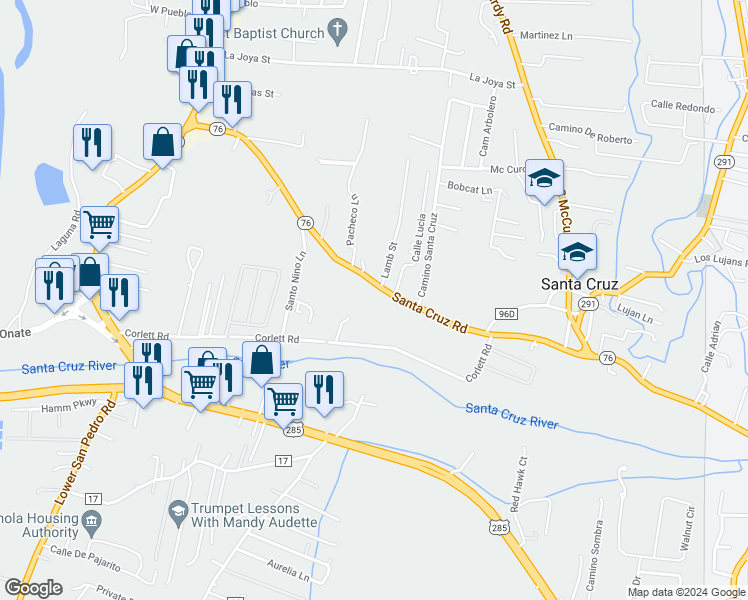 map of restaurants, bars, coffee shops, grocery stores, and more near 1006 Santa Cruz Road in Española