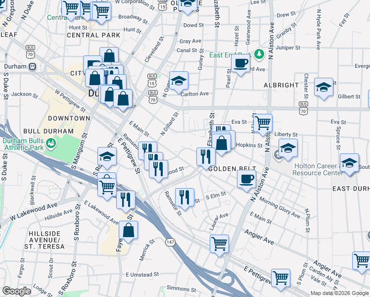 map of restaurants, bars, coffee shops, grocery stores, and more near 600 East Main Street in Durham